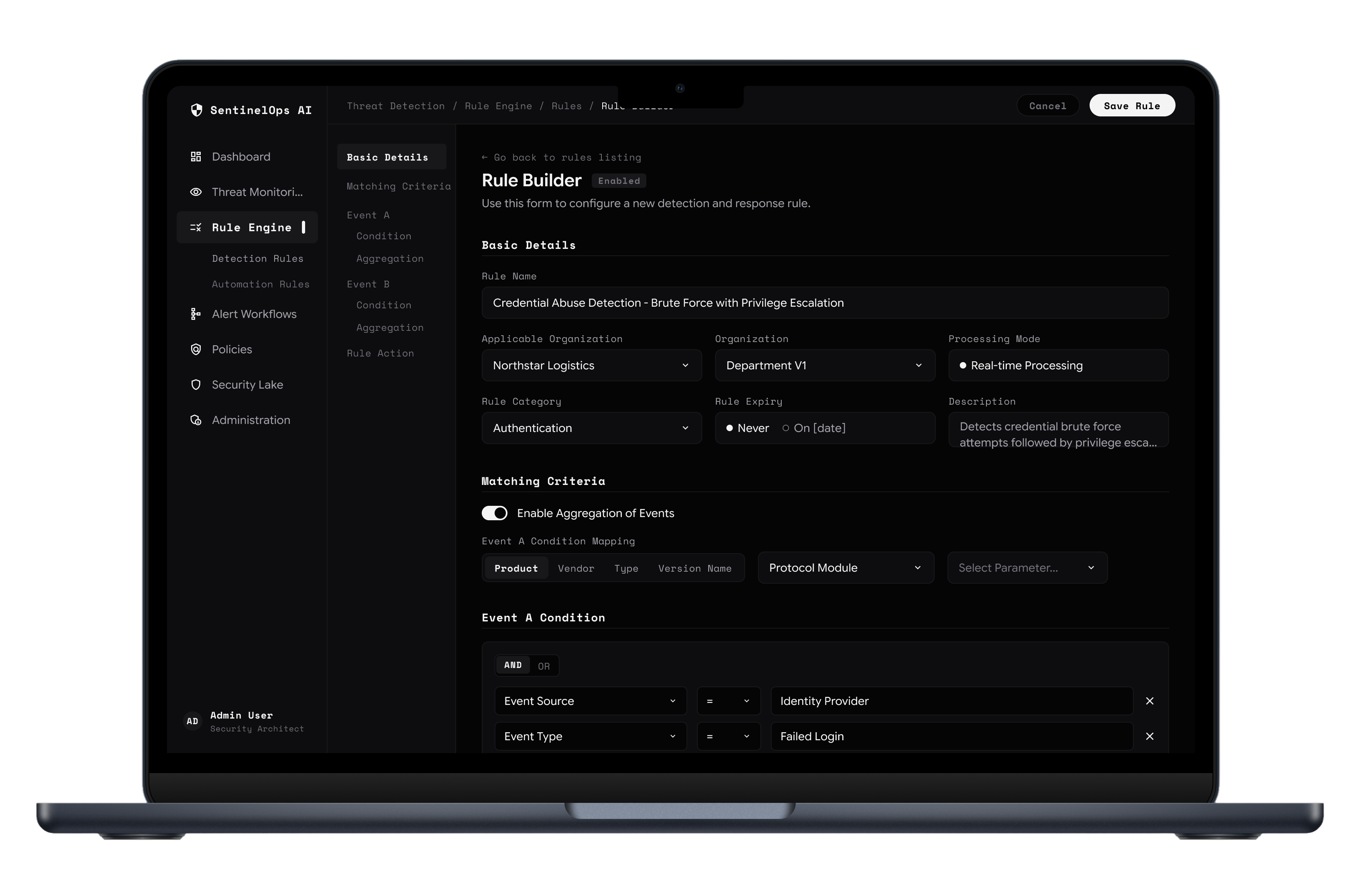 SentinelOps AI cybersecurity product interface shown on a laptop
